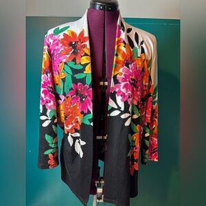 Rafaella Navy Blue and White Colorful Leaf Print Cardigan